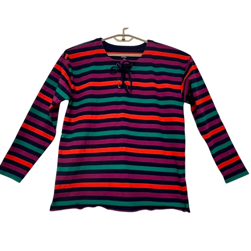 Lands End 90s  L  Long-Sleeve Striped 100% Cotton Shirt Lace-Up Neck Multicolor